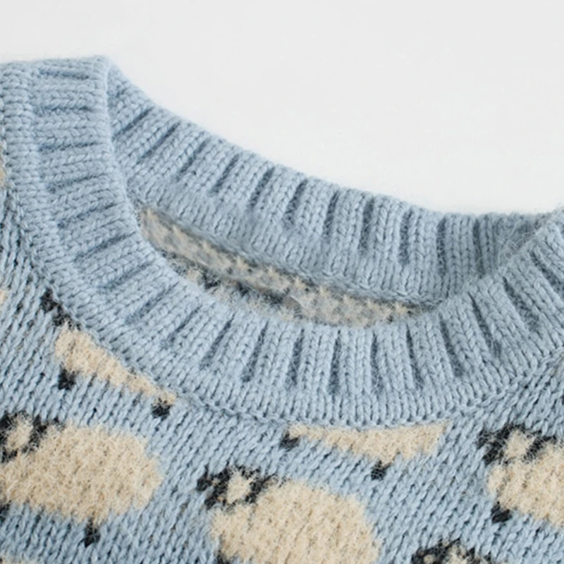 

Women Long Sleeve O-Neck Sweater Cartoon Little Sheep Print Knitwear Crop Top