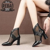 women high heeled sandals boots pointed toe thick heel gladiator buckle mesh ankle boot black spring summer shoes for woman34 40