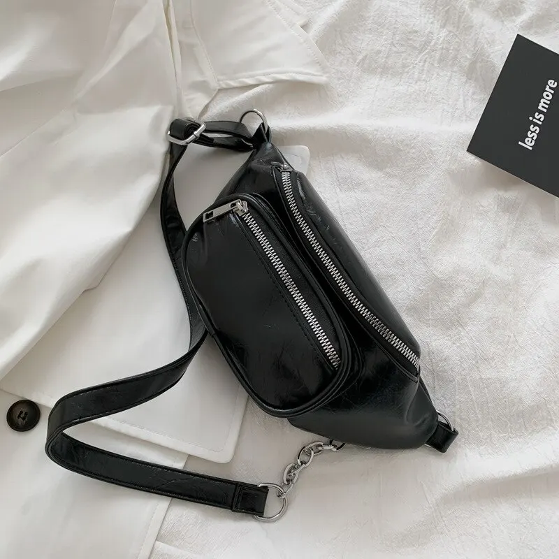 

Pu Leather Women's Bag Wait Pack Solid Wild Waist Bag Female Hot Wave Chest Bag Shoulder Slung Fashion Chain Bag