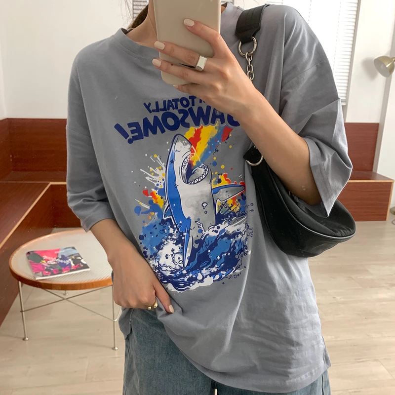 

Cotton white gray 2021 new loose short sleeve cartoon cartoon T-shirt