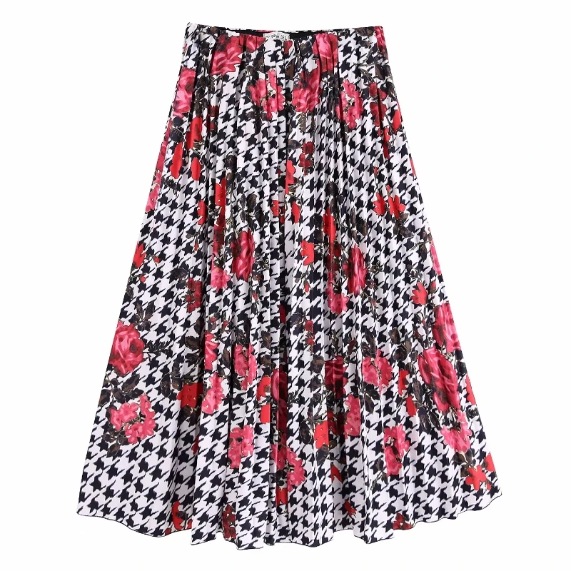 as pic QUN439BB Новая женская Мода Цветочный Принт vestidos houndstooth плиссированная юбка mujer Женская стильная шикарная Повседневная Длинная юбка QUN439 - Цвет: as pic QUN439BB
