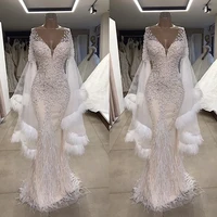 new mermaid beading wedding dresses women luxury flare long sleeve bridal gowns ostrich feather plunging v neck robes de mari%c3%a9e