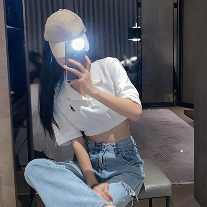 

Women Short-Sleeved Crop Tops Summer T-Shirt Fashion Embroidered Short Style Tee Shirts