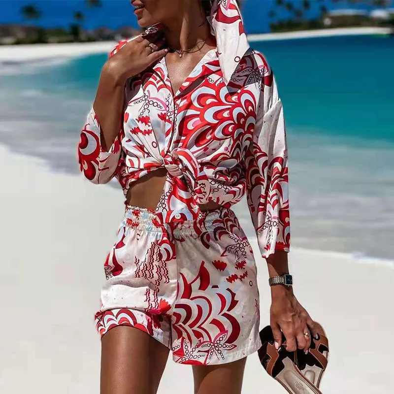 

Женские атласные шорты FAKUNTN, комплекты с топом с принтом, летний комплект из двух предметов, повседневная женская одежда 2021, рубашки с длинны...