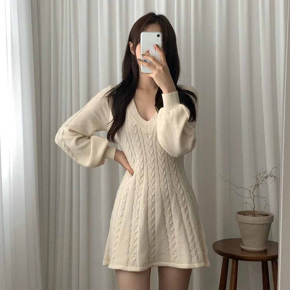 

One Piece Dress Korean Fashion V-neck Retro 2021 Autumn Winter New Cute Simple Casual Knitting Women Short Mini Sweater Dress