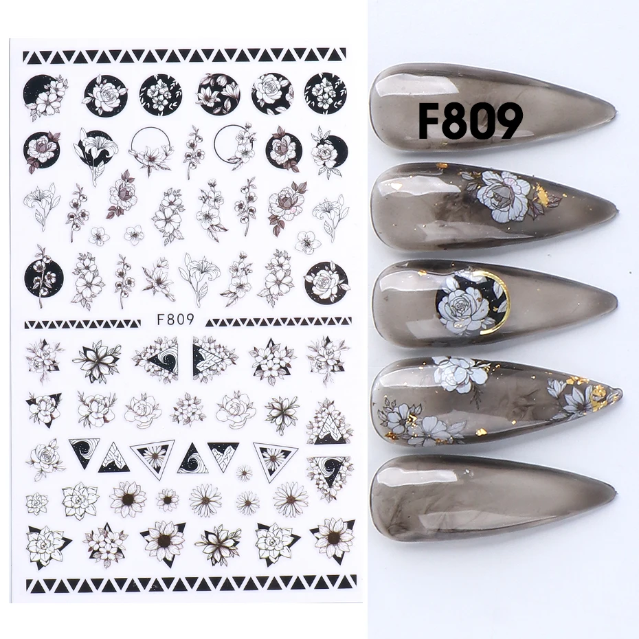 Черный и белый цветок ногтей 3D стикер простой дизайн слайдер в виде листа