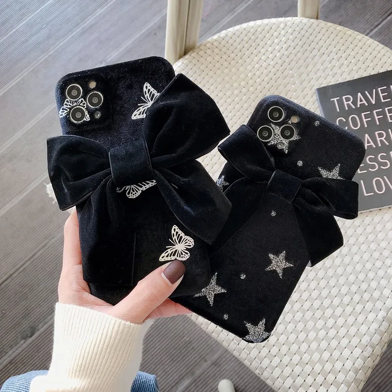 

Cute 3D Plush Bow star butterfly girl Phone Cover Case For Iphone X 11 pro Xs Max Xr 10 8 7 Plus SE 4.7 Luxury Soft Coque Fundas