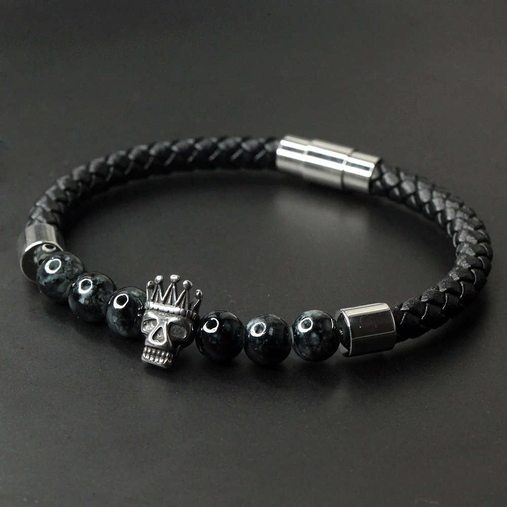 Мужской кожаный браслет с черепом из натурального камня нержавеющей стали