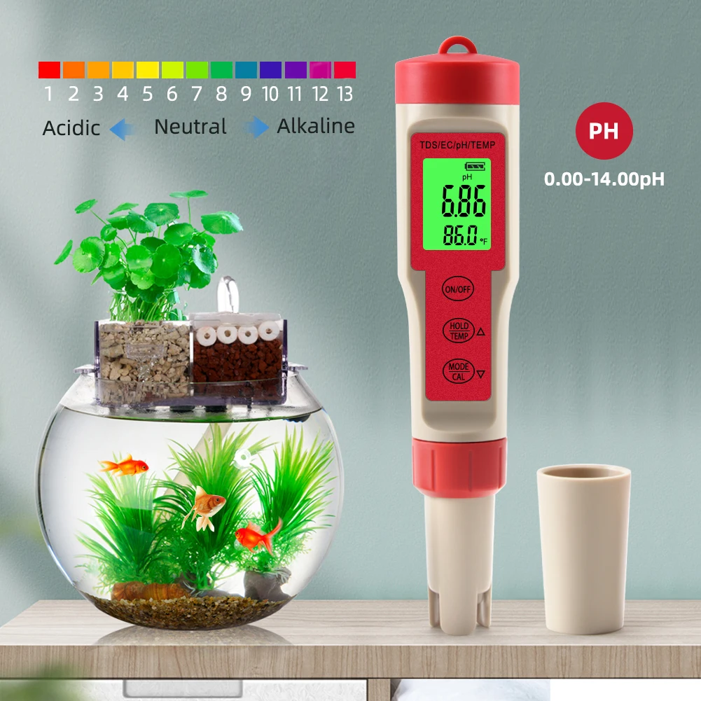 Измеритель кислотности 4 в 1 TDS EC цифровой тестер температуры и PH с ЖК дисплеем для