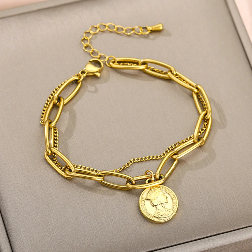 

2021 Fashion Punk Gold Multilayer Chain Bracelets For Women Vintage Round Portrait Coin Pendant Chain Bracelets Gifts Jewelry