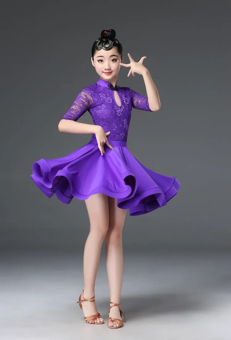Детское платье для латинских танцев фиолетовое кружевное танцевальный костюм