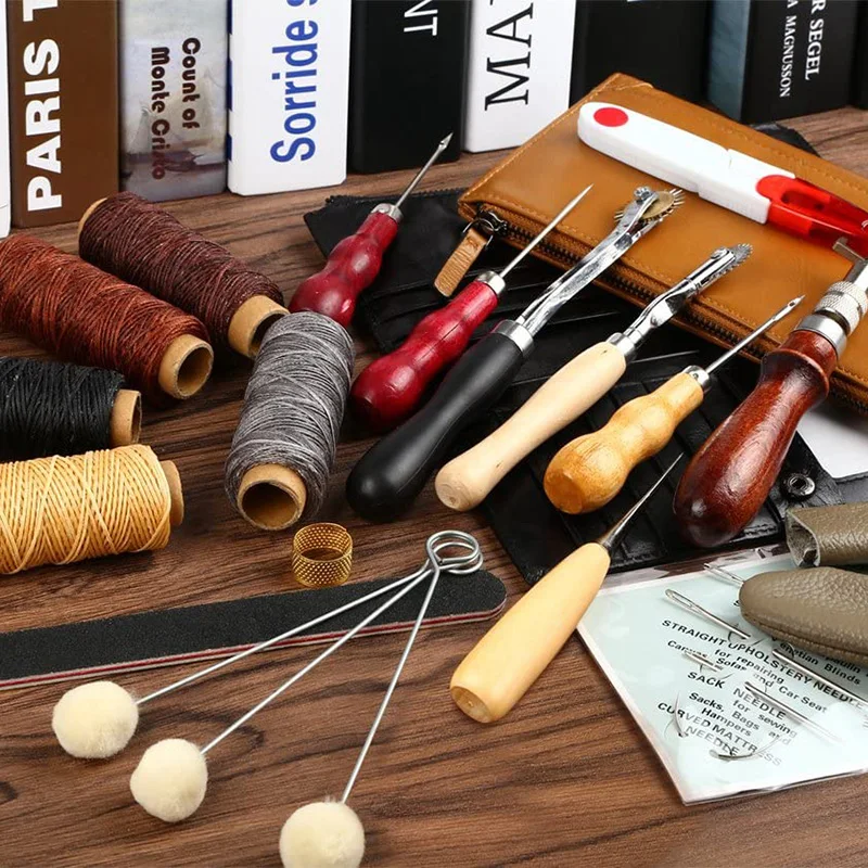 

31 Pcs Leather Sewing Tools DIY Leather Craft Tools Hand Stitching Tool Set with Groover Awl Waxed Thread Thimble Kit _WK