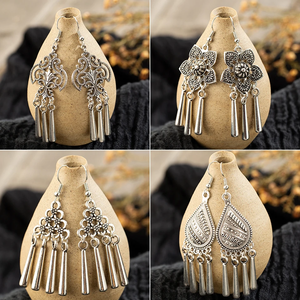 Женские винтажные серьги подвески серебряного цвета этнические висячие в стиле
