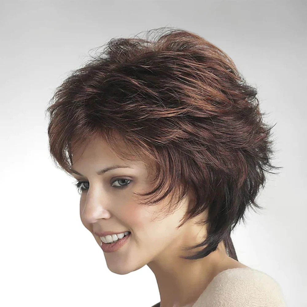 

50% Human Hair 50% synthetic blend short Layered Haircut wig With Bangs Blonde Brown Women Natural costume wigs Pixie Cut