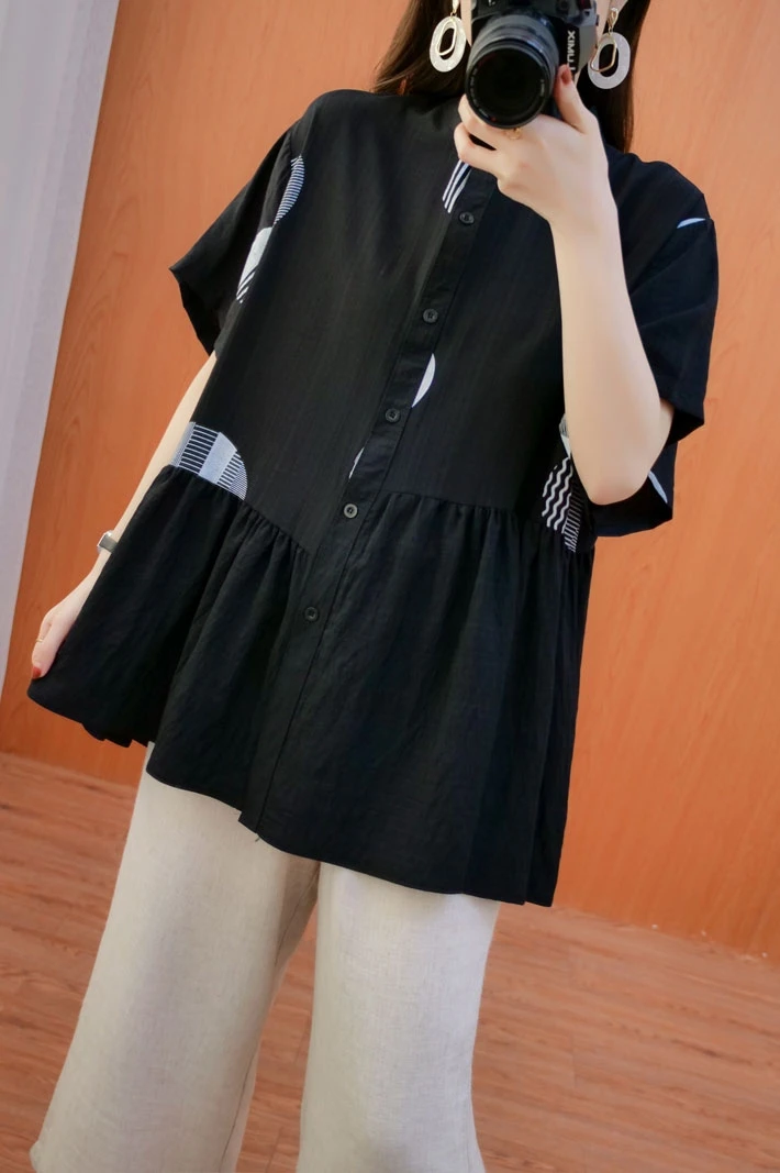 

SuperAen 2021 New Summer Plus Size Shirts Patchwork Polka Dot Retro Cotton and Linen Women Casual Loose Blouse