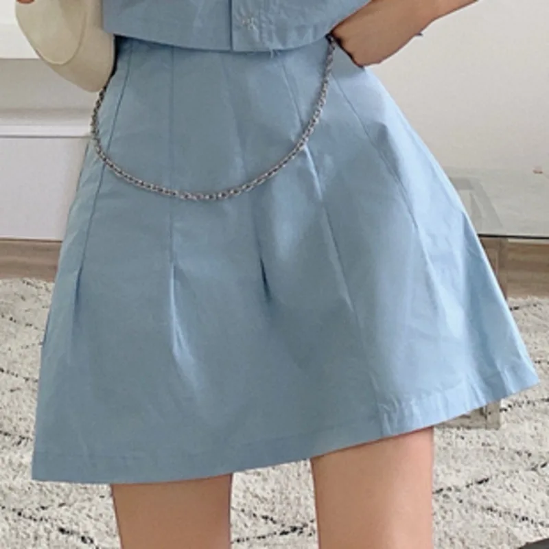 

Korean Version Of Tooling Shirt Loose And Thin Blouse + High-waisted A-line Pleated Skirt Suits With Chain Two Piece Sets Women
