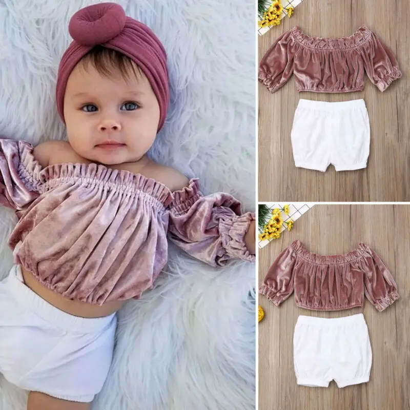 Бархатный комплект одежды для новорожденных девочек модная Однотонная футболка