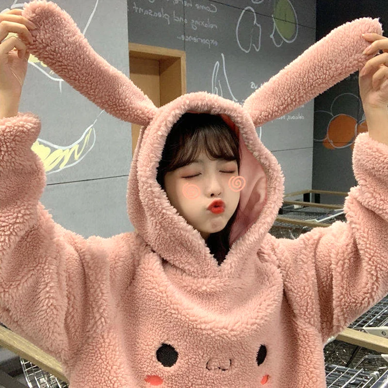 

Loose Bunny Ear Hoodies For Women Warm Long Sleeve Sweet Kawaii Rabbit Bag Hooded Female 2020 Autumn Winter Cute Sweatshirt