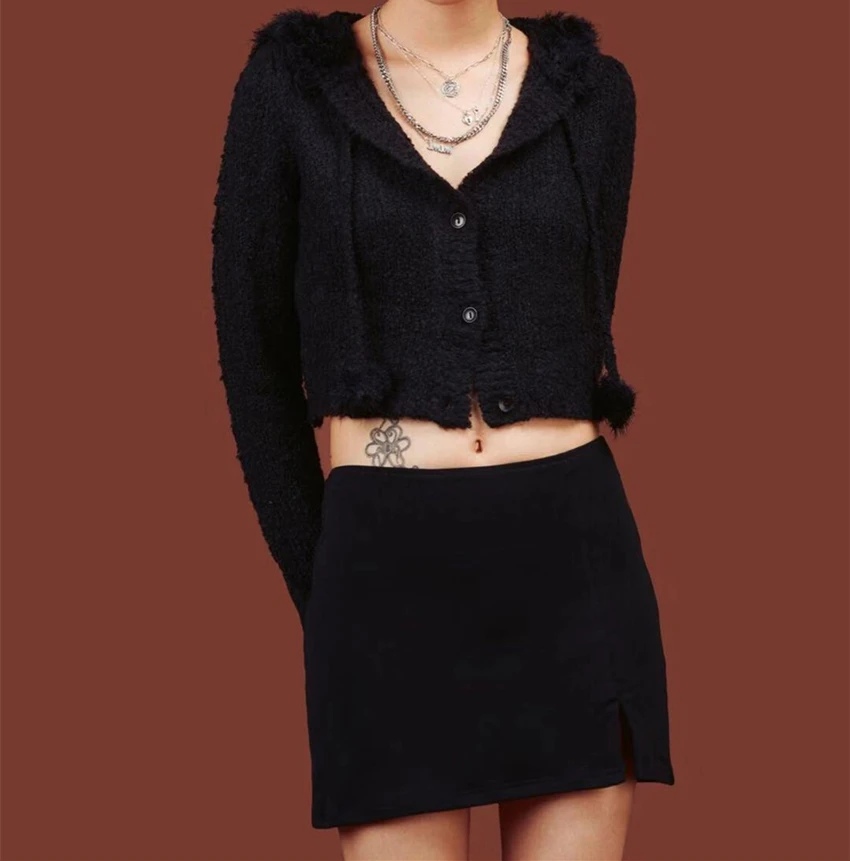 4 цвета осень kawaii короткий pull femme sweter пушистый hairball меховой воротник с капюшоном укороченный свитер Женский вязаный кардиган - Цвет: black top