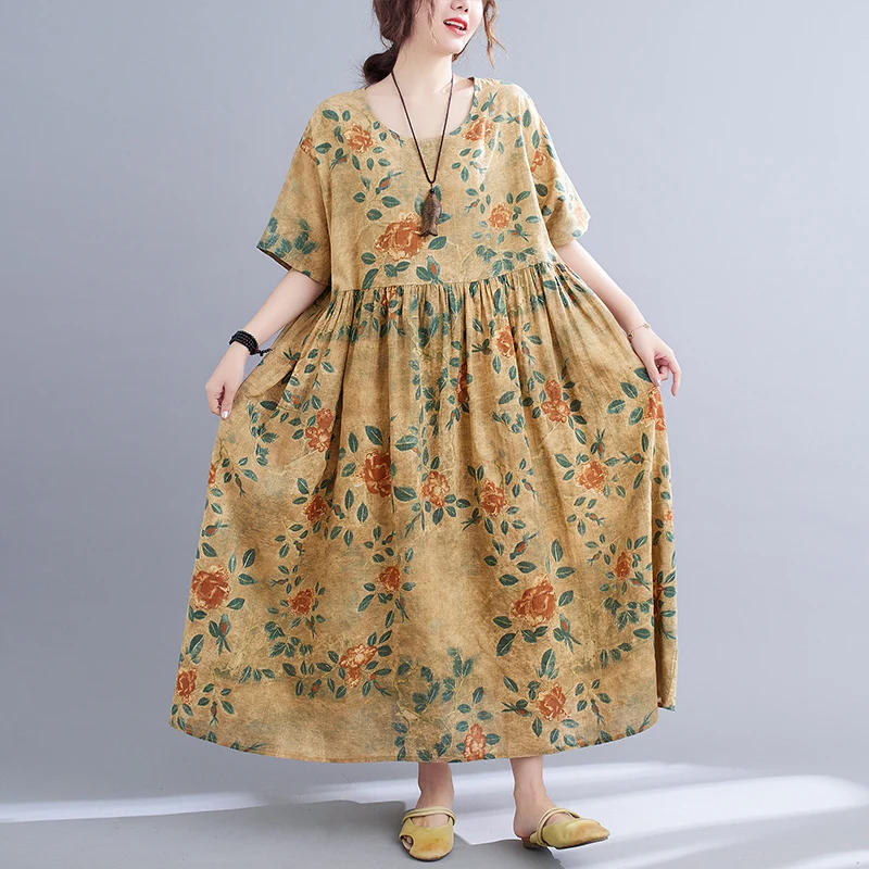 

Женское длинное платье с цветочным принтом, повседневное хлопково-льняное платье большого размера с оборками