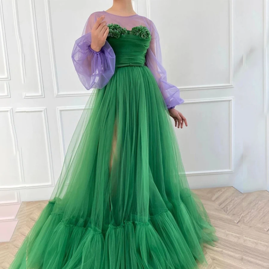 

Illusion Top Scoop Purple and Green 3D Flower Long Sleeve Tulle Pleat Prom Dress Two Stones Evening Dress vestido de festa longo