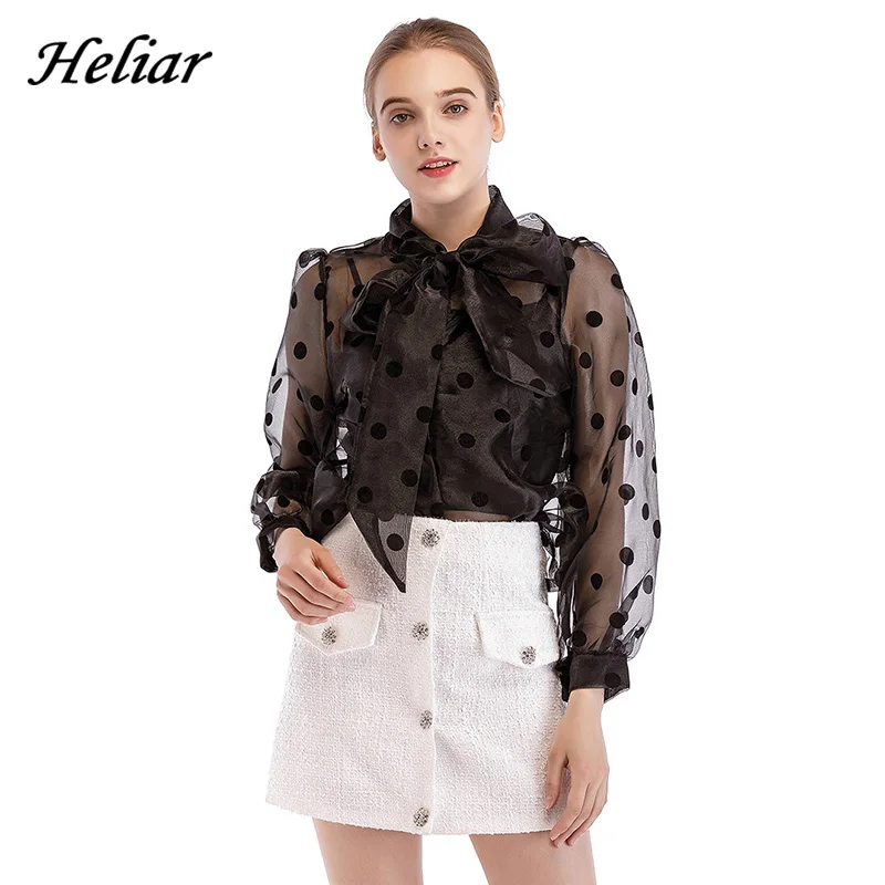 

HELIAR Black Polka Dot Blouse Women Transparent Sexy Long Sleeves Autumn Spring Streetwear White Organza Blouses Tops Women