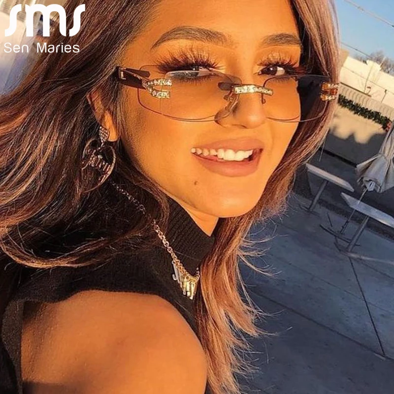 

2021 Diamond Rimless Sunglasses Women Men Steampunk Vintage Sunglasses Rectangle Punk Eyeglasses Luxury Brand Designer Eyewear