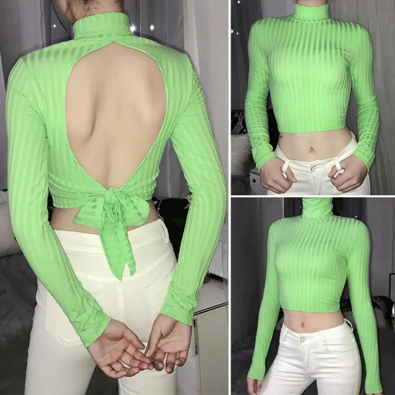 2020 Womens High Collar Cropped Tops Ladies Slim Fit T Shirt Long Sleeve T-Shirts Sexy Backless Turtleneck Tees Women | Женская одежда