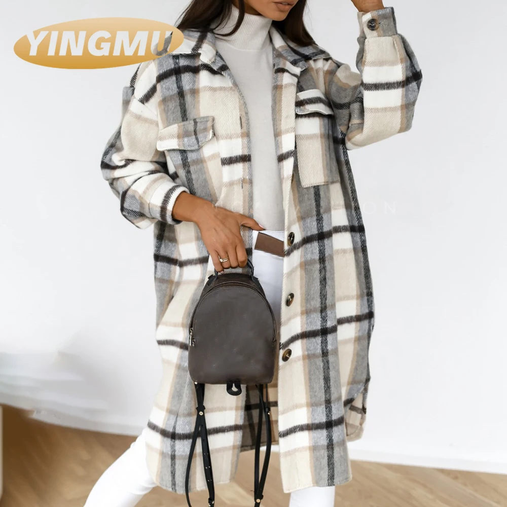 

Winter Checked Long Coat Women Fashion Plaid Printed Shirt Jackets Coat Casual Oversize Thick Woolen Blend Female Down Overcoat