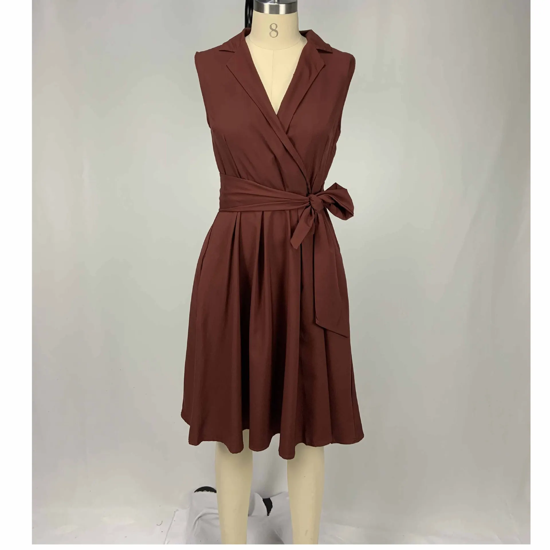 

European and American solid color waist sleeveless lapels with A-line commuter dress mid-length women's waist skirt