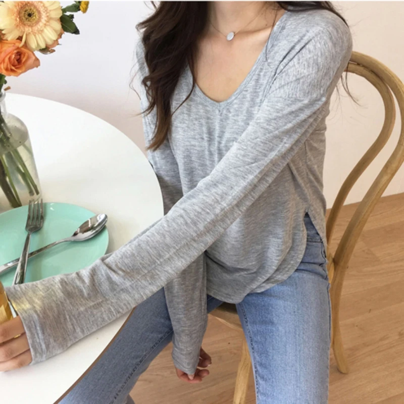 Black Spring T-Shirts Women Split Korean Slim Tops Casual Solid V-Neck Shirts Long Sleeve Cotton Vintage Autumn tshirts X705 | Женская