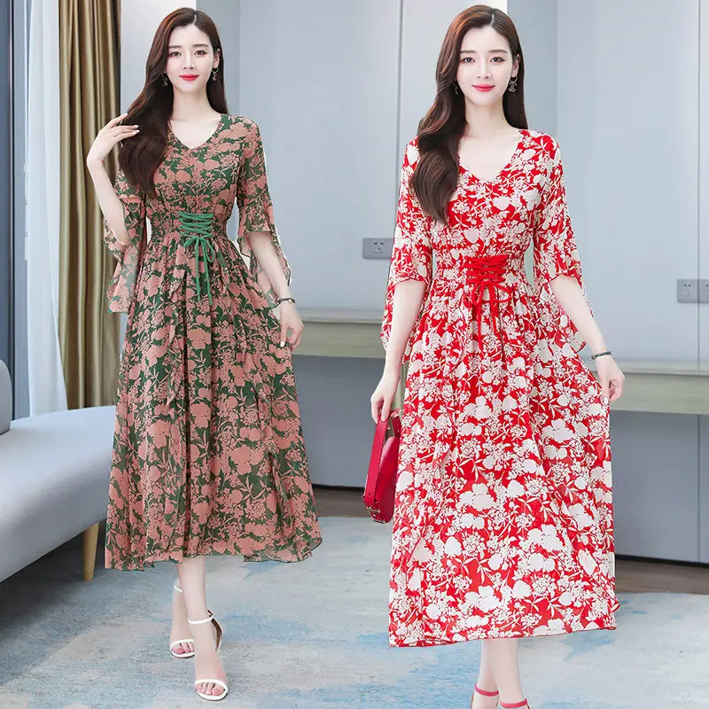 

High End Floral French Print Chiffon Dress 20201 Summer New Temperament V-Neck 3/4 Sleeve Slim Dress Elegant Female Robes zh1377