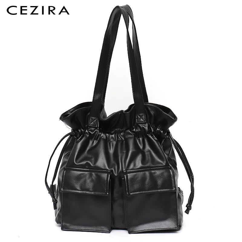 

CEZIRA Brand Design Women PU Vegan Leather Backpacks Fashion Drawstring Shoulder Bags Flap Pockets Ladies Casual Large Knapsacks