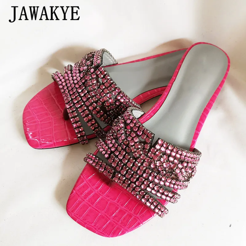 Роскошные летние шлепанцы со стразами Женские блестящие на плоской подошве