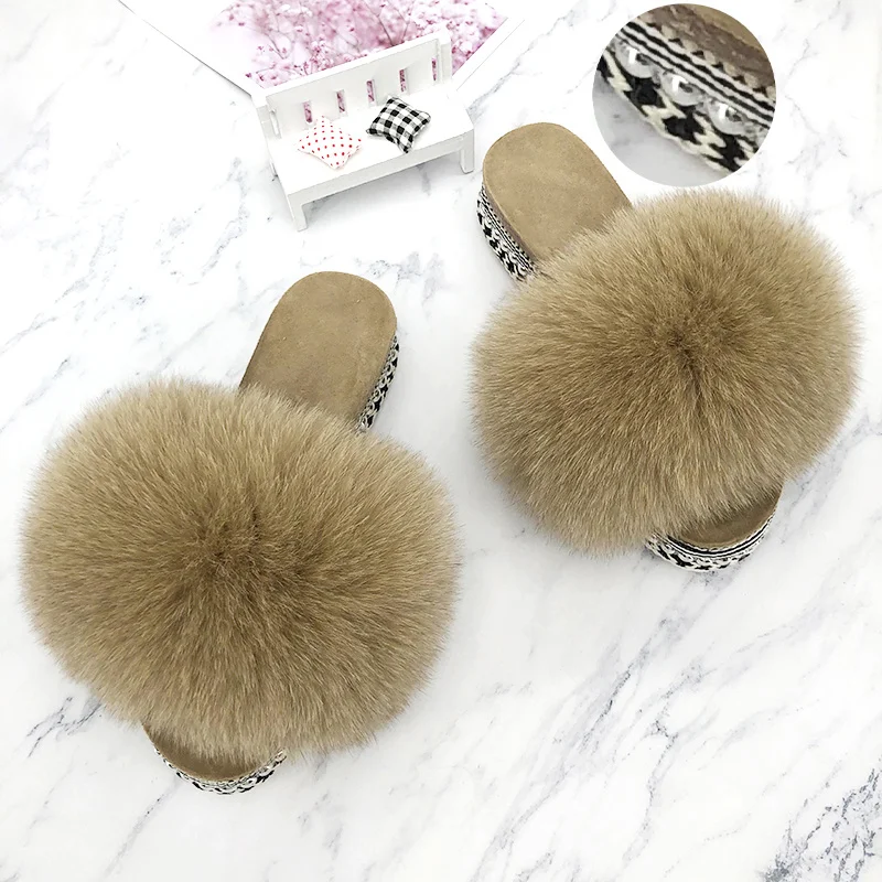 Fur Slides Summer Rivets Platform Sandals Ladies Sandals Outdoor Real Fur Ladies Heels Shoes 2021 New Fluffy Slippers Flip Flops