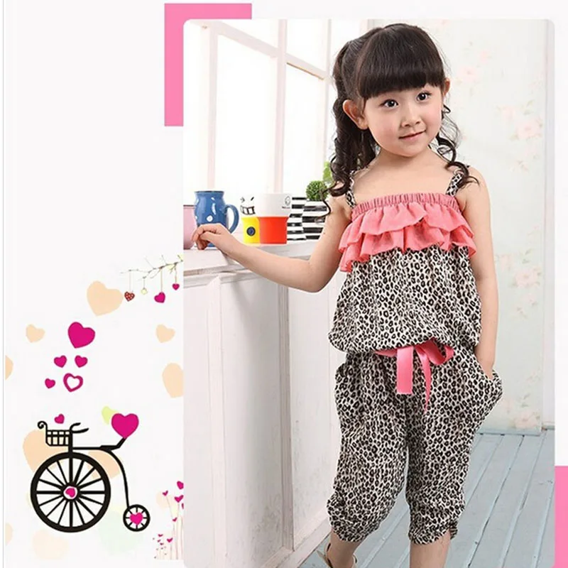 

New Summer Children Clothing Sets Girls Chiffon Floral Leopard Top + Harlan Cropped Pants 2Pcs Sets Kids Flower Sets