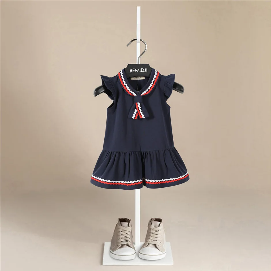 

Fashion Girl Dress Summer Flying Sleeve Baby Clothes Toddler Sailor Collar Dress Bow Tie Wild Dance 1-6Y quality Kids Clothing