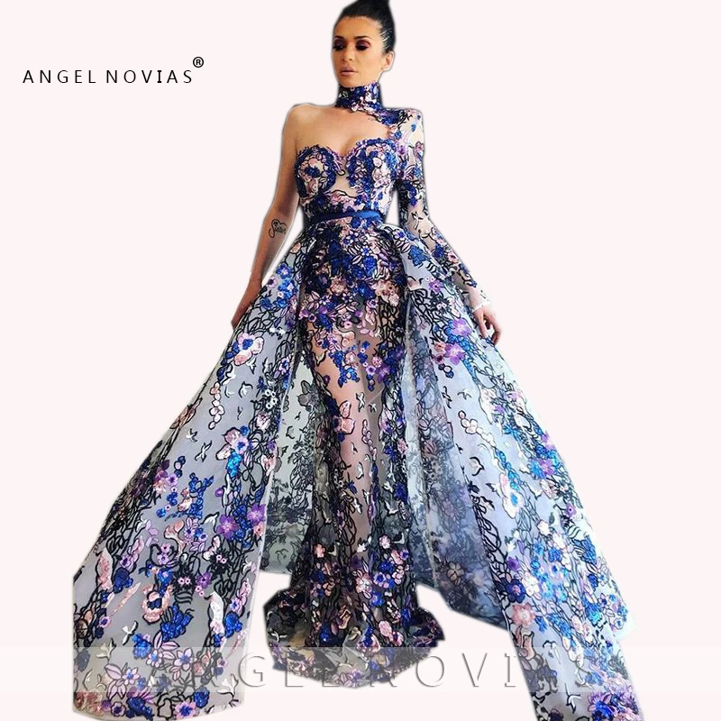 Кружевное вечернее платье с длинным рукавом и блестками 2019 со съемной юбкой