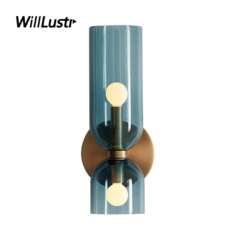

Modern Glass Wall Lamp Creative Up Down Double Head Sconce Porch Lounge Study Bedside Balcony Blue Smoke White Luxury Lighting