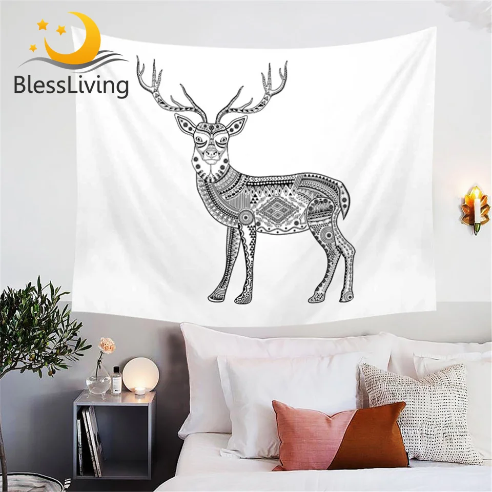 

BlessLiving Deer Geometric Aztec Elk Tapestry Animal Bed Sheet Wall Hanging Tapestries Black and White Wall Decor 150x200cm