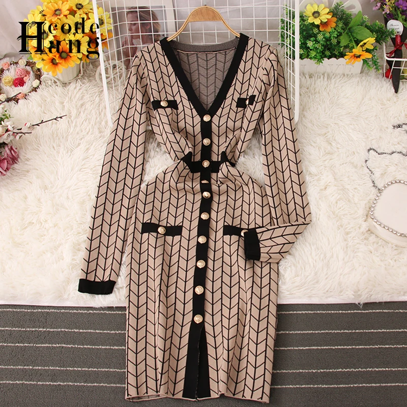 

HangCode Brand Fashion Office Ladies Dress Autumn Winter Elegant V-neck Single-breasted Split Bodycon Knitted Sweater Dress