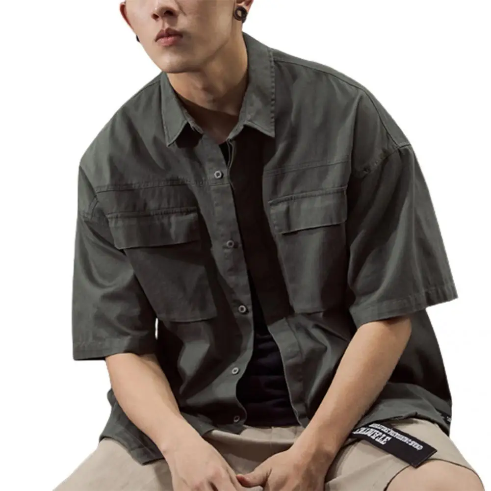 

Прямая поставка! Мужская рубашка с короткими рукавами и карманами, однотонная Свободная рубашка на пуговицах для школы