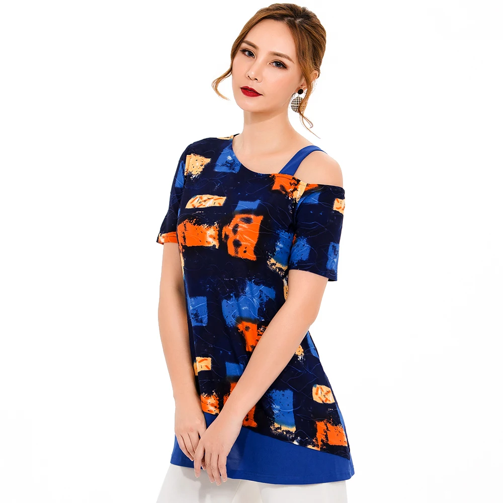 Женская футболка на одно плечо с коротким рукавом разноцветная туника принтом