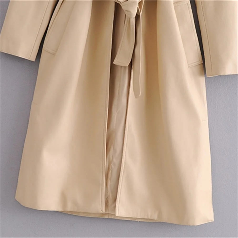 

2020 autumn women casual all-match lapel long sleeve pocket hem side slit with bow belt belt imitation leather windbreaker
