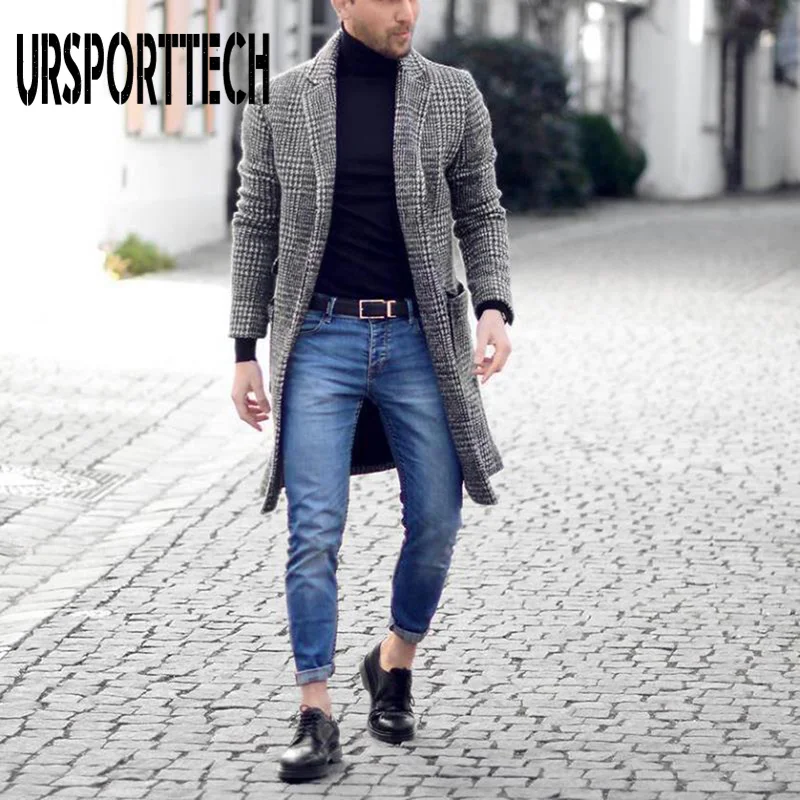 Осенне-зимнее винтажное мужское клетчатое шерстяное пальто средней длины с