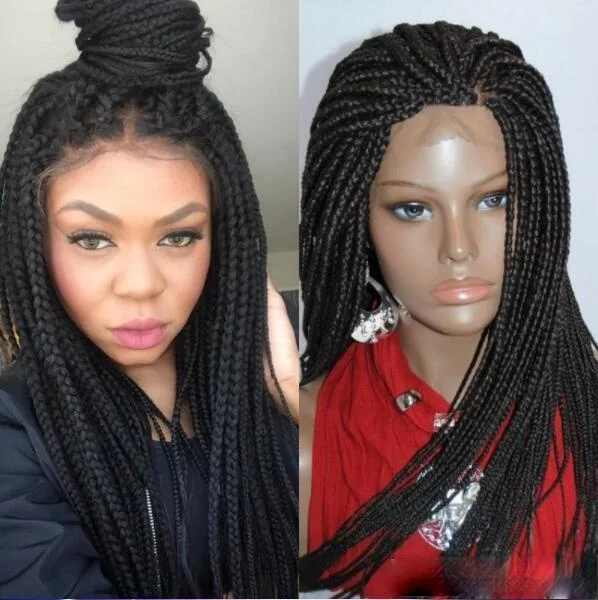13*4 Box Braided Wigs  Lace Front Handmade Micro Braided Straight Synthetic Hair Small Long Braiding Hair Wigs with Baby Hair