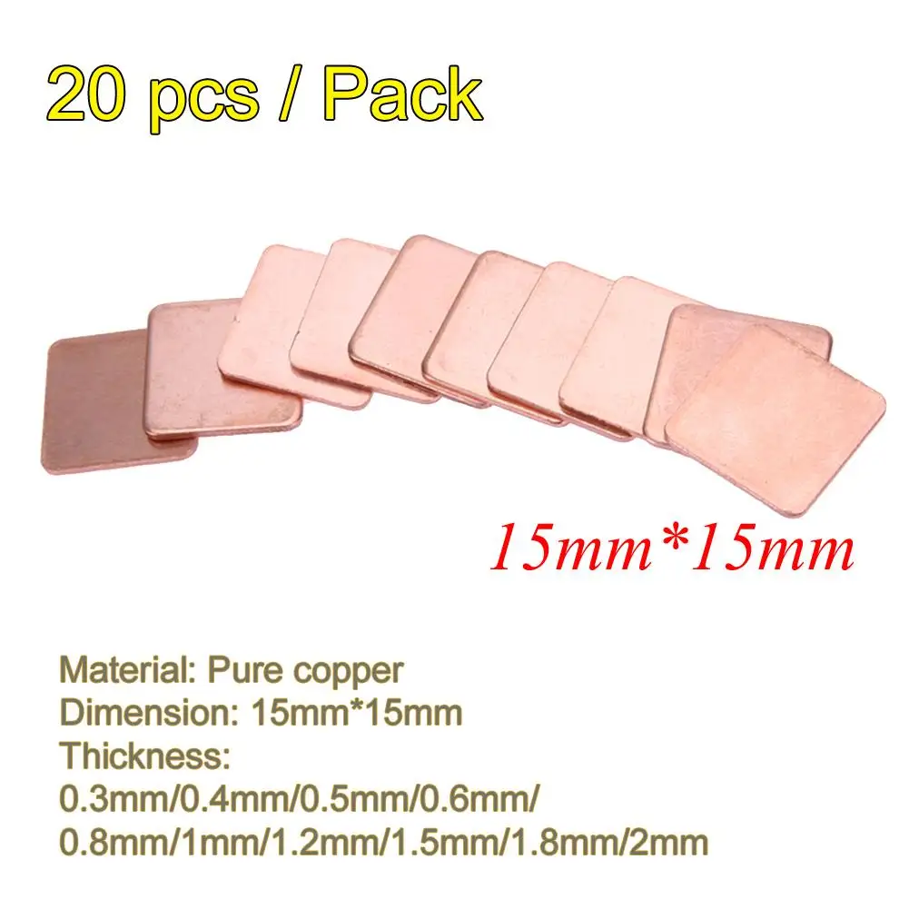 20Pcs 15*15mm 0.3/0.4/0.5/0.6/0.8/1mm Heatsink Heat Sink Pure Copper Shim Thermal Pad for Laptop IC Chipset GPU CPU Graphic Card |