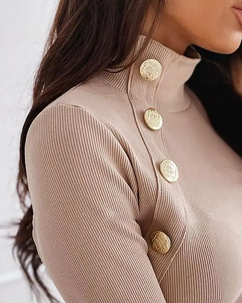 Buttoned Detail Solid Ribbed Design Turtleneck Sweater Pullover Soft Winter For Woman Sweaters | Женская одежда