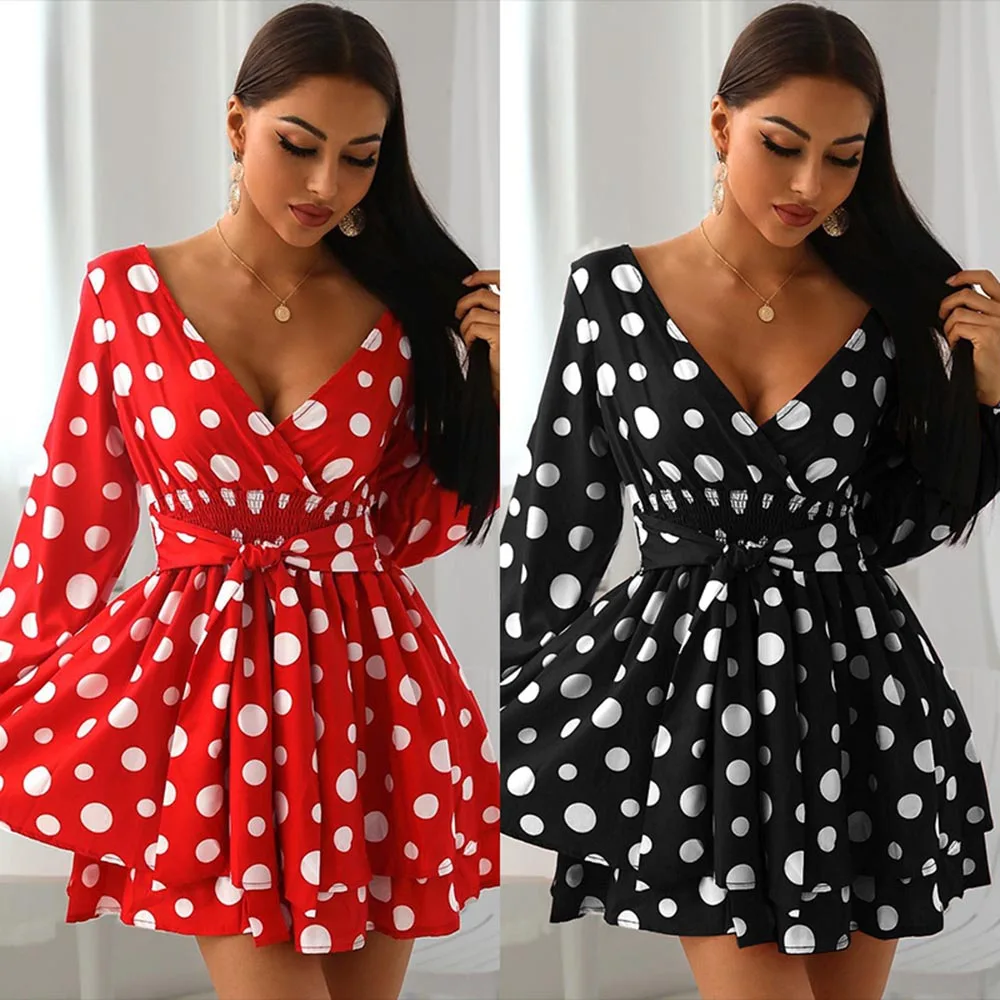 

Spring Autumn Woman Mini Dress Casual Dot Long Sleeve V-Neck Strappy Dresses For Women Elegant Party Office Lady Slim Clothing