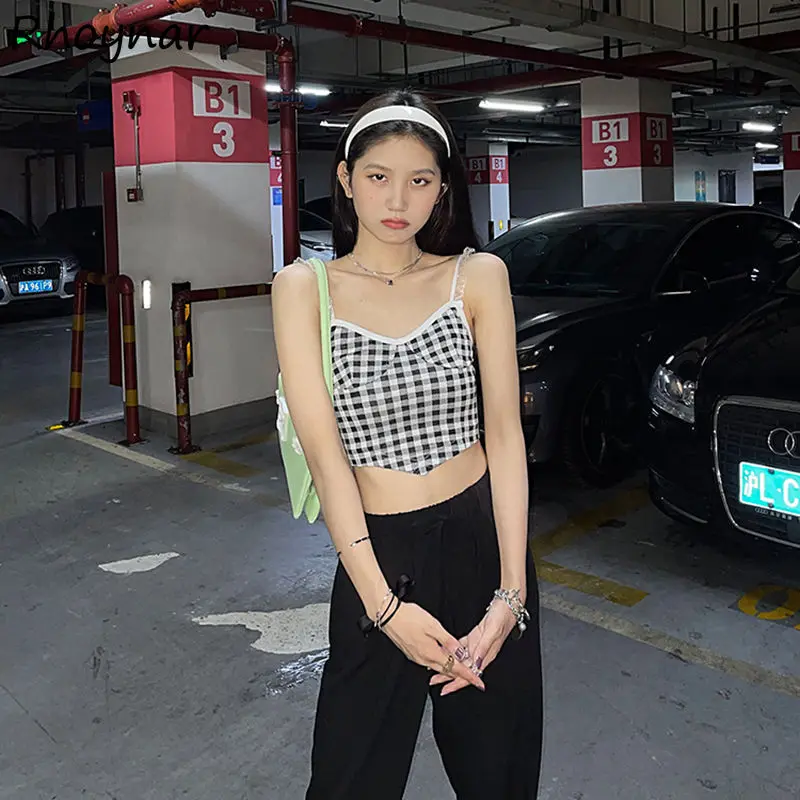 

Женская клетчатая кофта на тонких бретельках, простая универсальная укороченная летняя пикантная элегантная верхняя одежда для девушек, у...